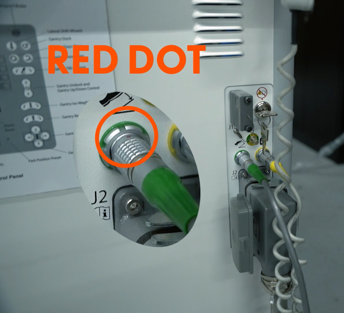 Align the red dot on the connector with the top of the plug